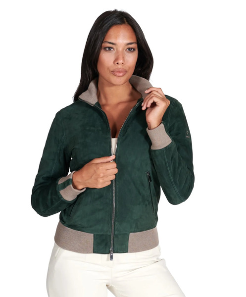  D'arienzo Green Suede Leather Bomber Jacket With Merino Wool Collar 