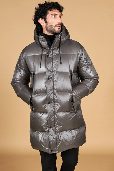  D'arienzo Grey Long Jacket In Real Down That Can Be Folded Up Into A Backpack 