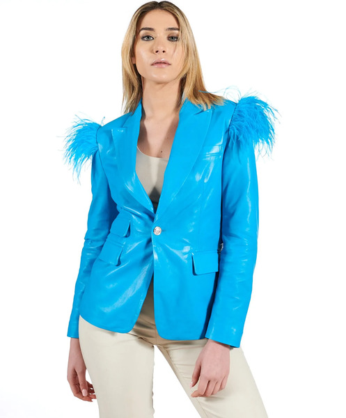  D'arienzo Light Blue Lamb Leather Jacket Smooth Effect With Feathers 