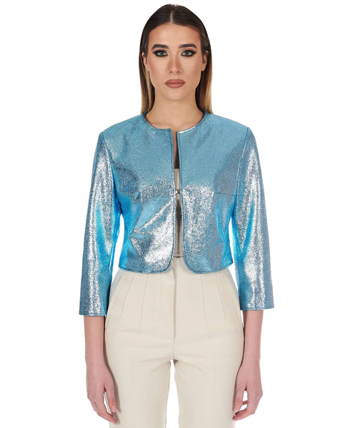  D'arienzo Light Blue Laminated Leather Bolero Jacket Round Collar 