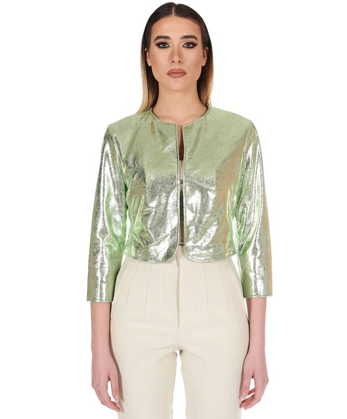  D'arienzo Light Green Laminated Leather Bolero Jacket Round Collar 