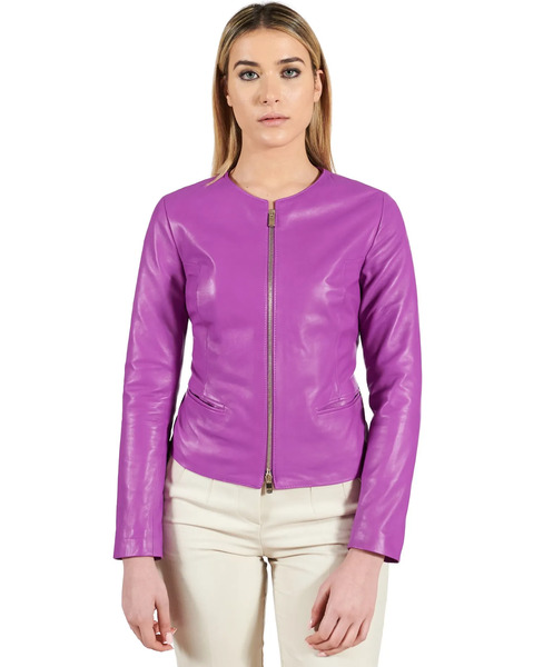  D'arienzo Lilac Natural Leather Jacket Round Collar Smooth Aspect 