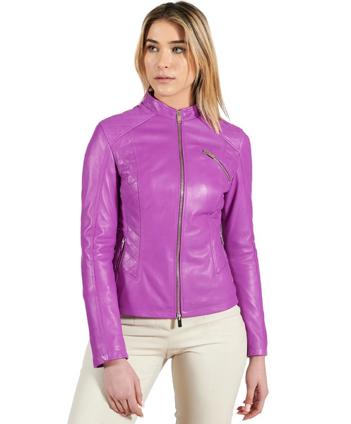  D'arienzo Lilac Quilted Natural Leather Biker Jacket With Zipper Pockets 