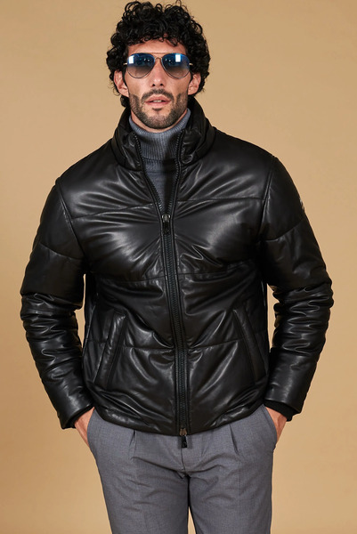  D'arienzo Men's Black Puffer Leather Jacket Short Oversized Quilted Version 