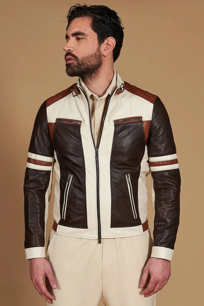 D'arienzo Multicolor Leather Biker Jacket Quilted Yoke Patch Design 