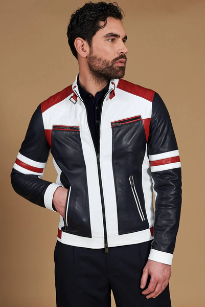  D'arienzo Multicolor Leather Biker Jacket Quilted Yoke Patch Design 