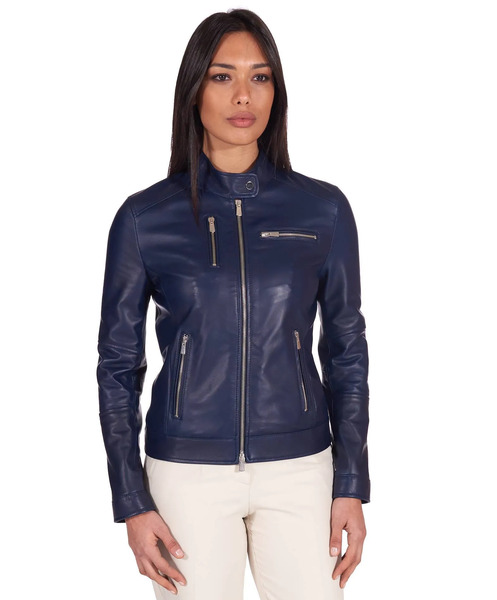 D'arienzo Navy Blue Natural Lamb Leather Biker Jacket Smooth Aspect 