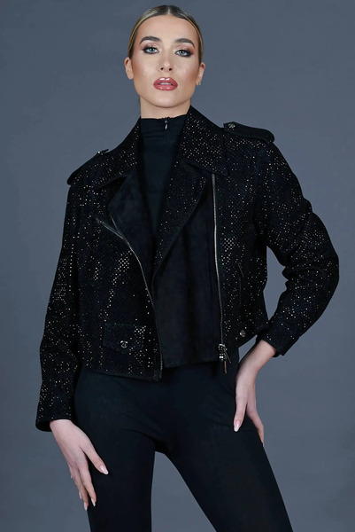  D'arienzo Oversize Perfecto Jacket In Black Suede With Crystals 