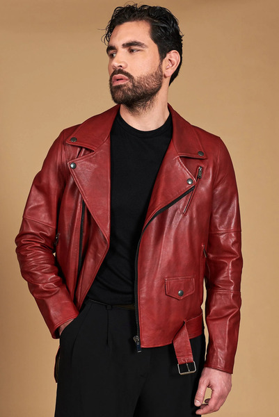 D'arienzo Red Belted Nappa Lamb Leather Biker Jacket 