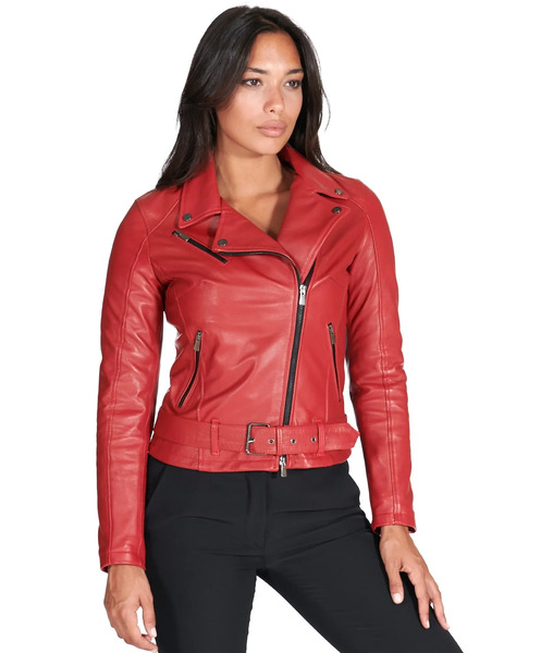  D'arienzo Red Belted Nappa Lamb Leather Biker Jacket 