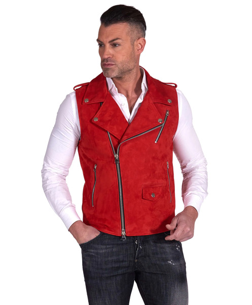  D'arienzo Red Lamb Leather Sleeveless Biker Jacket 