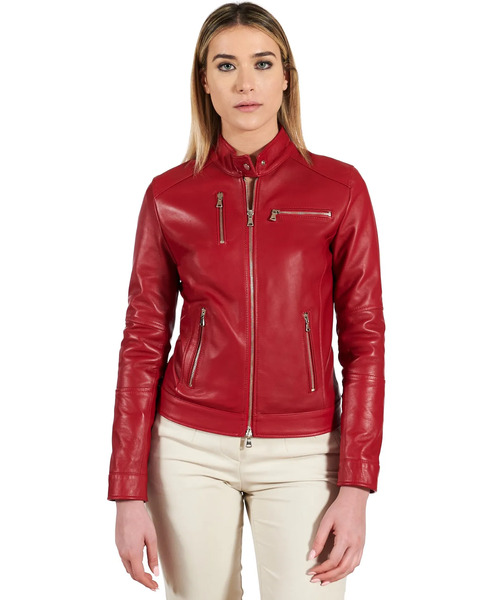  D'arienzo Red Nappa Lamb Leather Biker Jacket Four Zipper Pockets 