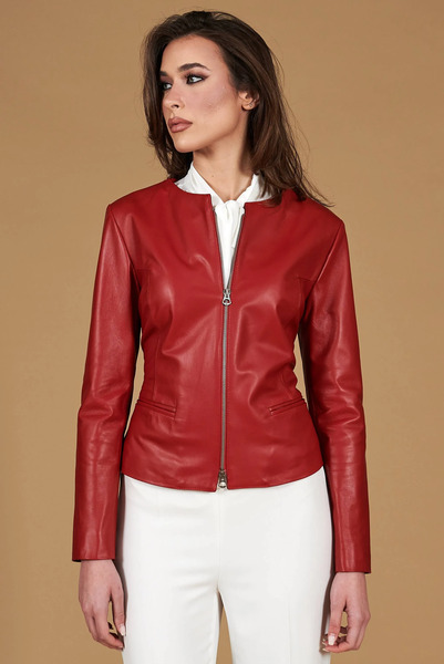  D'arienzo Red Nappa Lamb Leather Jacket Round Collar 