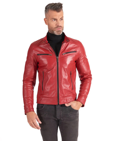  D'arienzo Red Nappa Leather Biker Jacket Four Zipper Pockets 
