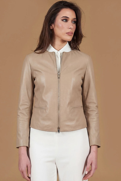  D'arienzo Sand Lamb Leather Jacket Round Collar Smooth Effect 