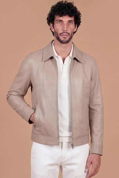  D'arienzo Sand Natural Lamb Leather Biker Jacket Shirt Collar 