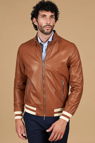  D'arienzo Tan Natural Lamb Leather Bomber Jacket Smooth Aspect 