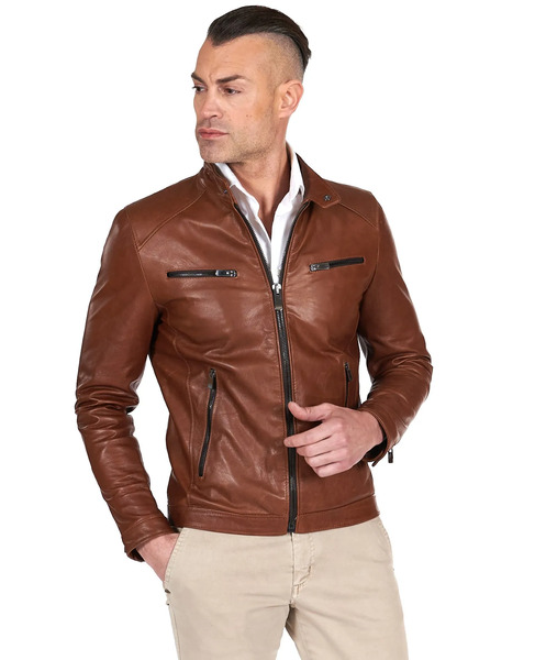  D'arienzo Tan Pull Up Lamb Leather Biker Jacket Four Zipper Pockets 