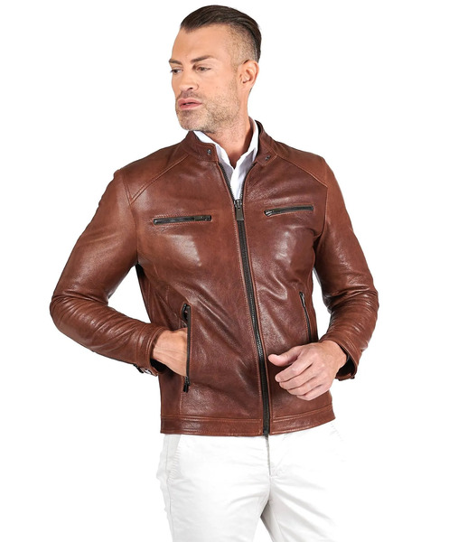  D'arienzo Tan Pull Up Lamb Leather Biker Jacket Four Zipper Pockets 