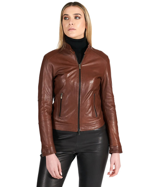  D'arienzo Tan Pull Up Lamb Leather Biker Jacket Two Pockets 