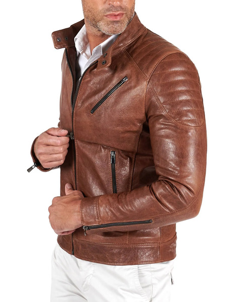  D'arienzo Tan Quilted Pull Up Lamb Leather Biker Jacket Three Zipper Pockets 