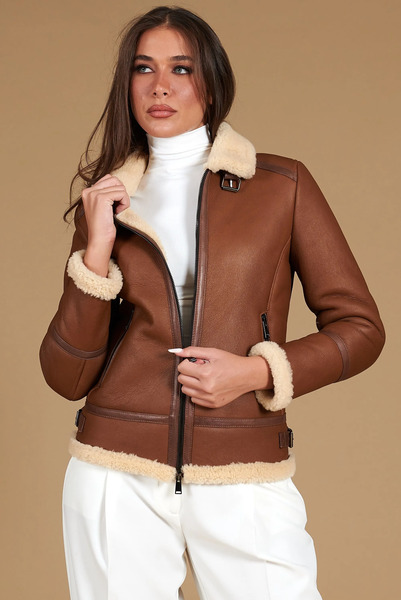  D'arienzo Tan Shearling Lamb Biker Jacket Buckles And Central Zipper 