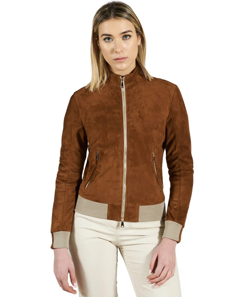  D'arienzo Tan Suede Leather Bomber Jacket And Merinos Wool 