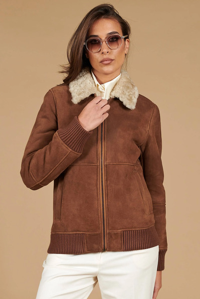  D'arienzo Tan Suede Shearling Bomber Jacket With Contrasting Collar 