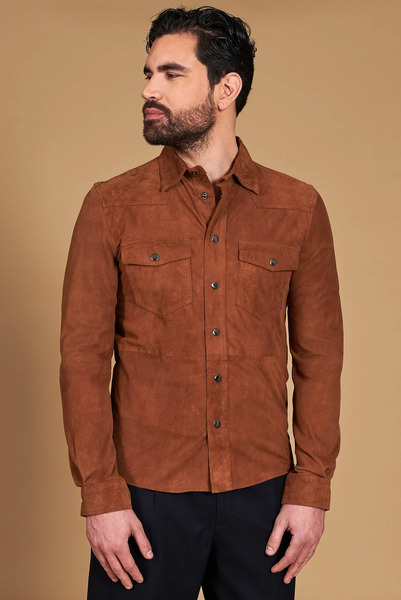  D'arienzo Tan Unlined Suede Leather Shirt With Press Buttons 