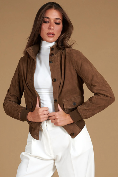  D'arienzo Taupe Suede Leather Bomber Jacket With Buttons 