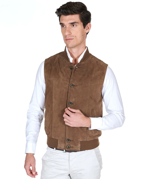  D'arienzo Taupe Suede Leather Vest With Buttons 