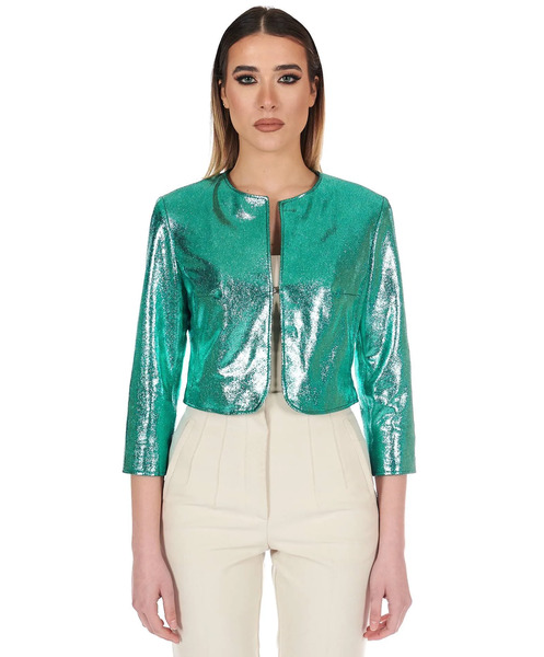  D'arienzo Turquoise Laminated Leather Bolero Jacket Round Collar 