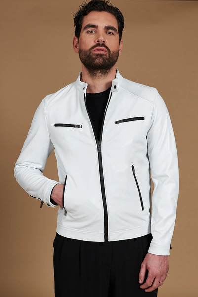  D'arienzo White Nappa Lamb Leather Biker Jacket Smooth Effect 
