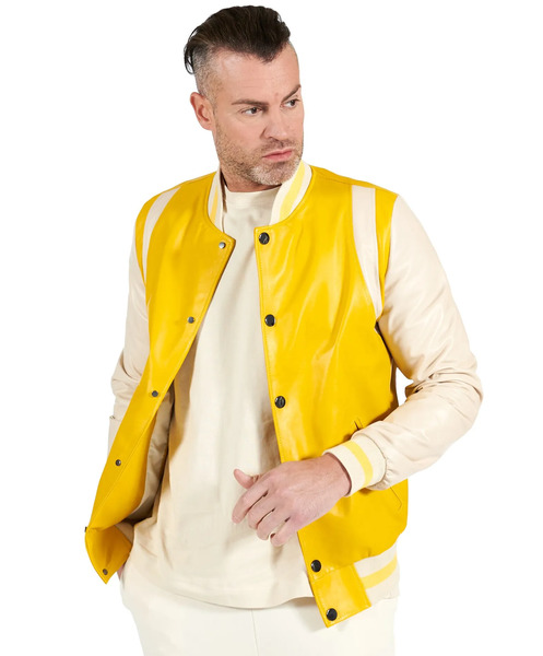  D'arienzo Yellow Beige Natural Leather Varsity Bomber Jacket With Bicolor Elastic Rib 
