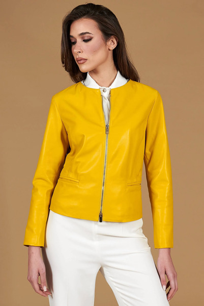  D'arienzo Yellow Natural Leather Jacket Round Collar Smooth Aspect 