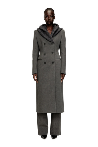  Diesel   Long Hourglass Coat With Knitted Cowl Hood   Jackets   Woman   Grey 
