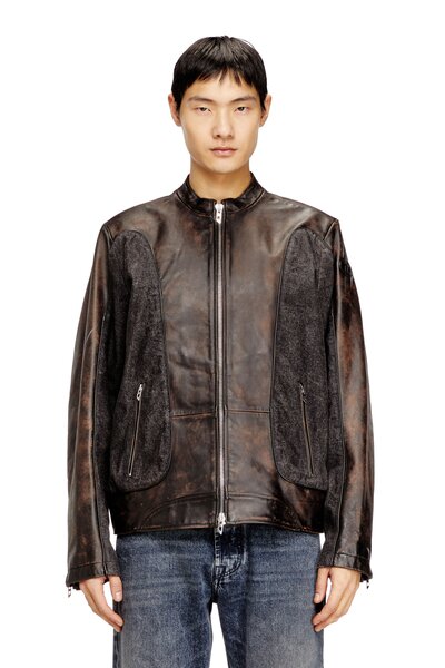  Diesel   Piped Biker Jacket In Leather And Denim   Leather Jackets   Man   Brown 