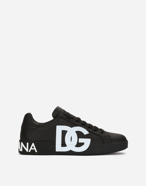 Dolce & Gabbana Calfskin Nappa Portofino Sneakers With Dg Logo Print - Man Sneakers Black Leather 40 
