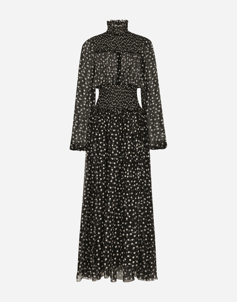  Dolce & Gabbana Chiffon Midi Dress With Smock Stitching And Micro-polka Dot Print - Woman Dresses Print 38 