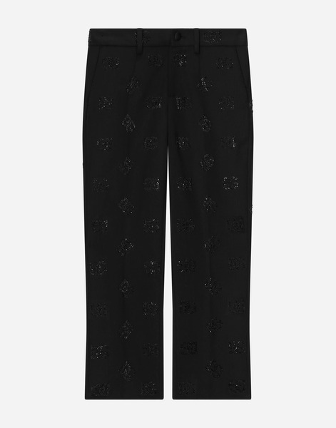  Dolce & Gabbana Classic Wool Pants With All-over Fusible-rhinestone Logo - Man Trousers And Shorts Black Cotton 6 Years 