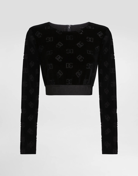  Dolce & Gabbana Cotton Chenille Crop Top With Jacquard Dg Logo - Woman T-shirts And Sweatshirts Black Cotton 44 
