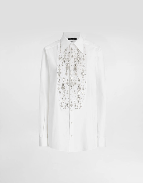  Dolce & Gabbana Cotton Tuxedo Shirt With Rhinestone-embroidered Shirt Front - Woman Shirts And Tops White Cotton 42 
