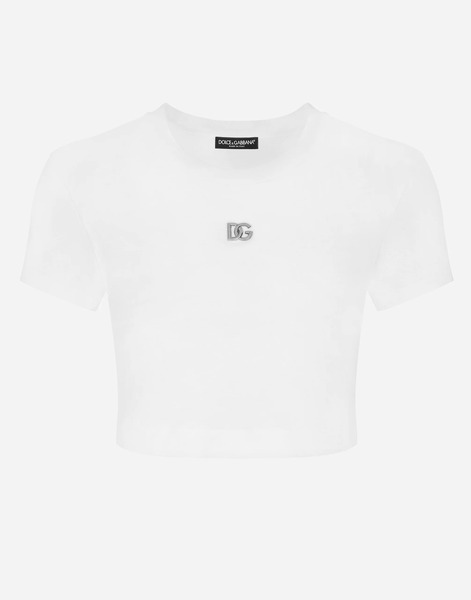  Dolce & Gabbana Cropped Jersey T-shirt With Dg Logo - Woman T-shirts And Sweatshirts White Cotton 44 