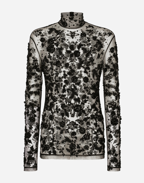  Dolce & Gabbana High-necked Tulle T-shirt With Sequined Details - Man T-shirts And Polos Black Tulle 46 