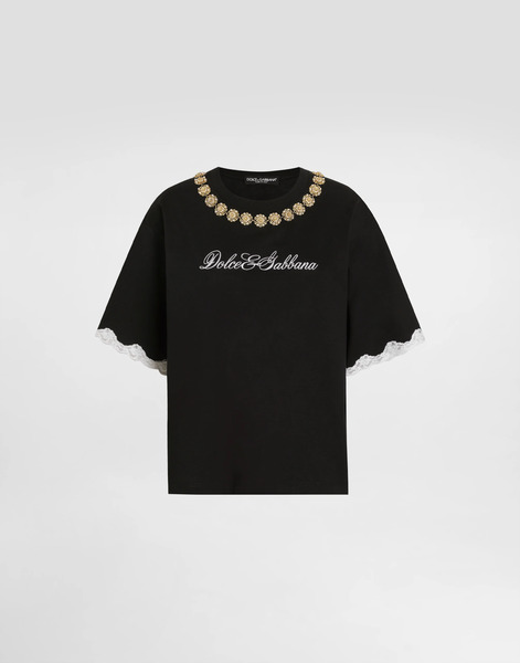  Dolce & Gabbana Jersey T-shirt With Embroidery And Jewel Chains - Woman T-shirts And Sweatshirts Black Xs 