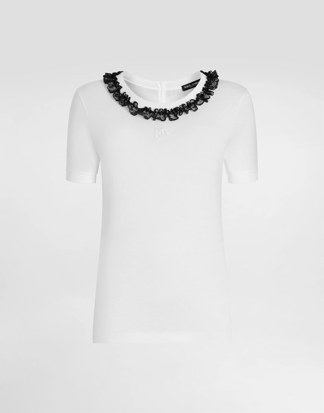  Dolce & Gabbana Jersey T-shirt With Lace And Dg Embroidery - Woman T-shirts And Sweatshirts White 40 