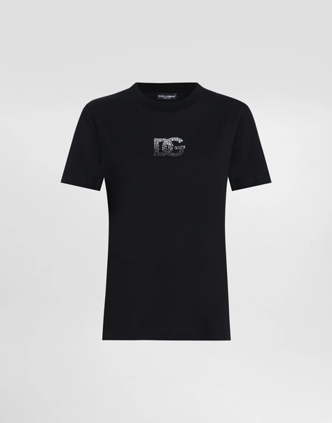  Dolce & Gabbana Jersey T-shirt With Rhinestone Dg Logo Embellishment - Woman T-shirts And Sweatshirts Black 46 