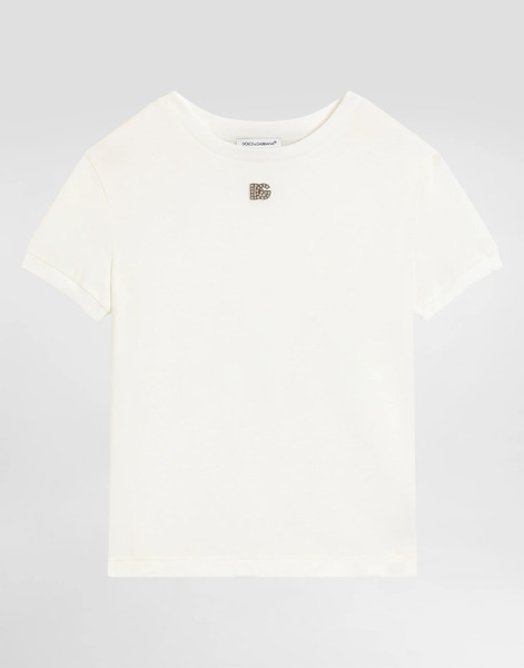  Dolce & Gabbana Jersey T-shirt With Rhinestones Dg Logo - Woman T-shirts And Sweatshirts White 6 Years 