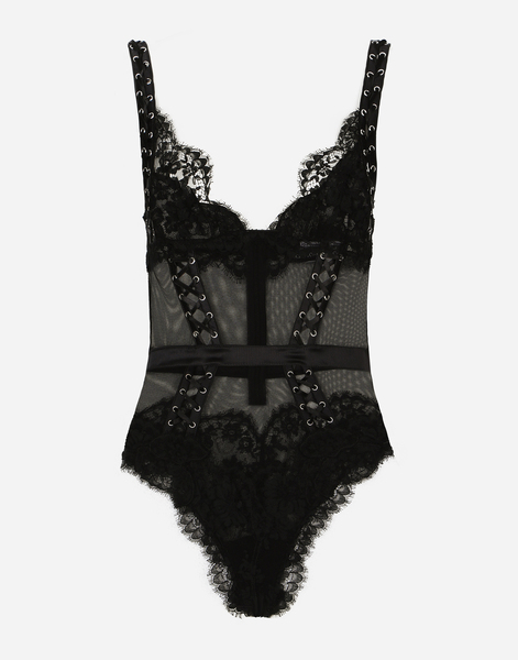  Dolce & Gabbana Lace And Tulle Bodysuit With Lacing And Eyelets - Woman Shirts And Tops Black Fabric 4 