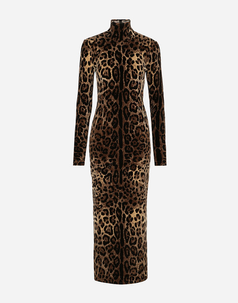  Dolce & Gabbana Long Chenille Dress With Jacquard Leopard Design - Woman Dresses Multi-colored Cotton 38 
